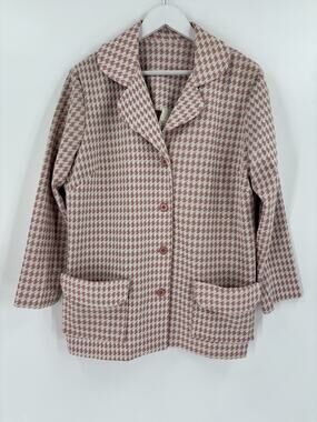 Vintage 70s 80s Ina Carol Houndstooth Blazer Jacket Womens 18 Pink White Knit